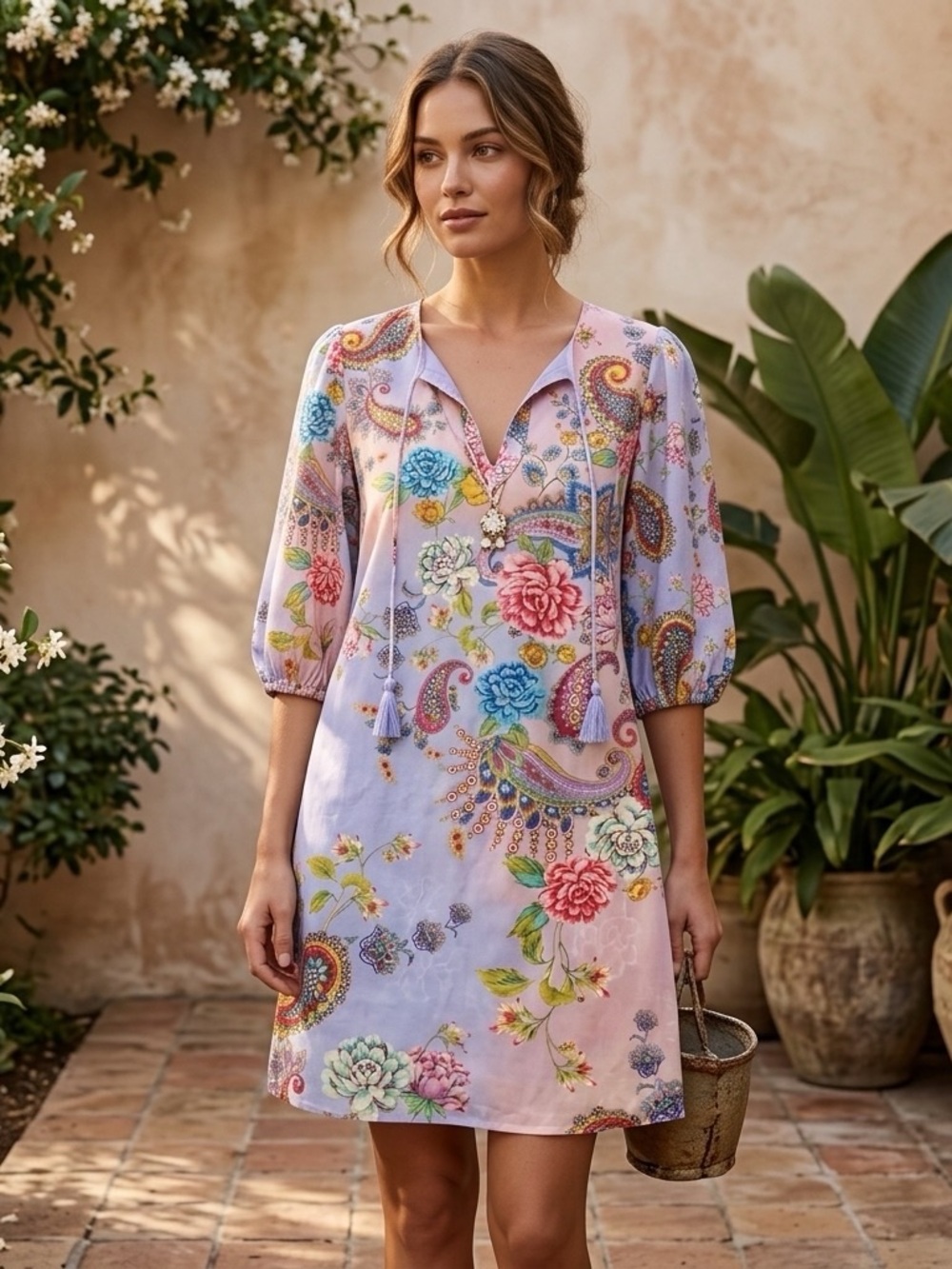 Johnny Was Lavender Floral Paisley Mini Dress with Tassel V-Neck